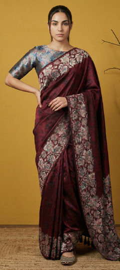 Red and Maroon color Saree in Silk fabric with Printed, Weaving work