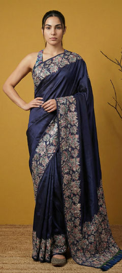 Blue color Saree in Silk fabric with Printed, Weaving work