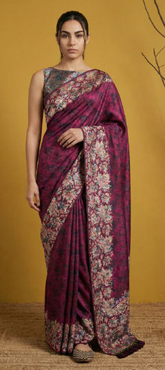 Pink and Majenta color Saree in Silk fabric with Printed, Weaving work
