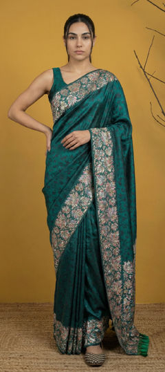 Green color Saree in Silk fabric with Printed, Weaving work