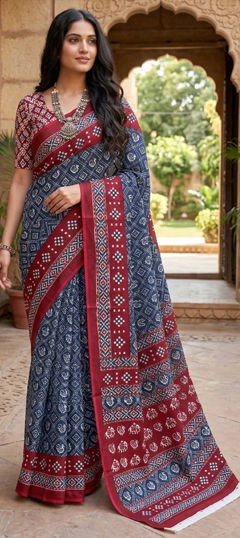 Blue, Red and Maroon color Saree in Cotton fabric with Printed work