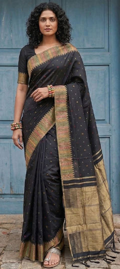 Black and Grey color Saree in Blended, Silk fabric with Weaving work