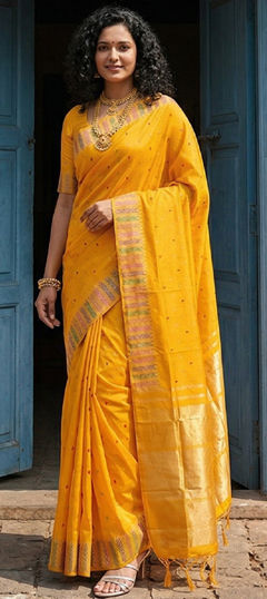 Yellow color Saree in Blended, Silk fabric with Weaving work