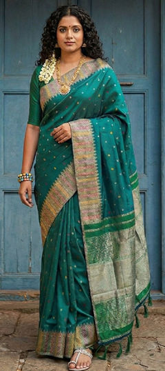 Green color Saree in Blended, Silk fabric with Weaving work