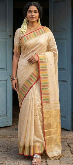 White and Off White color Saree in Blended, Silk fabric with Weaving work