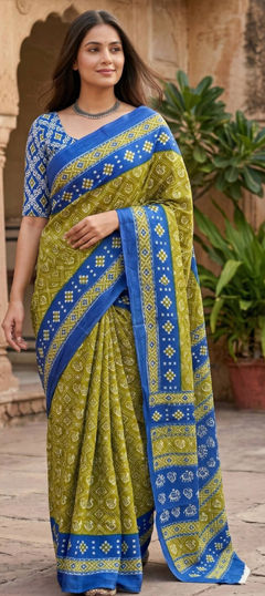Blue, Green color Saree in Cotton fabric with Printed work