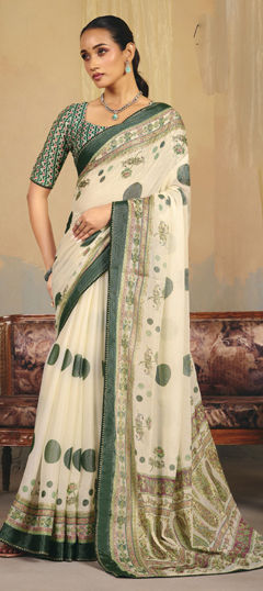 White and Off White color Saree in Cotton, Linen fabric with Printed work