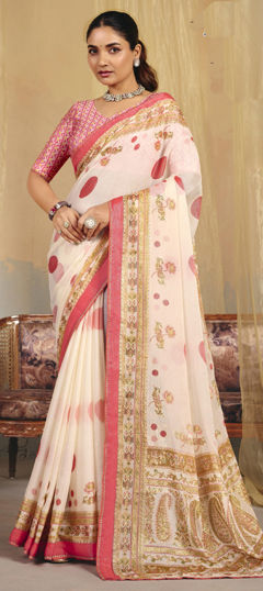 White and Off White color Saree in Cotton, Linen fabric with Printed work