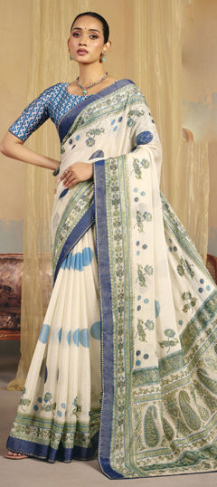 White and Off White color Saree in Cotton, Linen fabric with Printed work