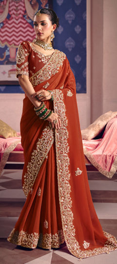 Orange color Saree in Tissue fabric with Border, Cut Dana, Embroidered, Resham, Zari work