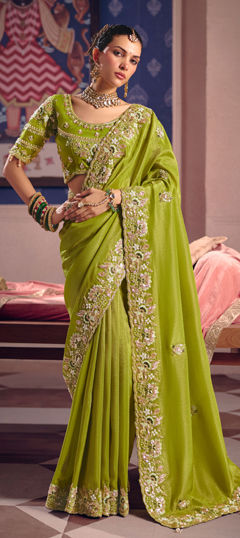 Green color Saree in Tissue fabric with Border, Cut Dana, Embroidered, Resham, Zari work