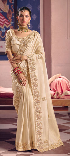 White and Off White color Saree in Tissue fabric with Border, Cut Dana, Embroidered, Resham, Zari work