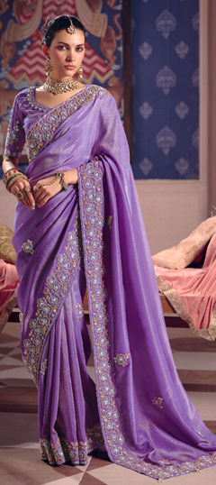 Purple and Violet color Saree in Tissue fabric with Border, Cut Dana, Embroidered, Resham, Zari work