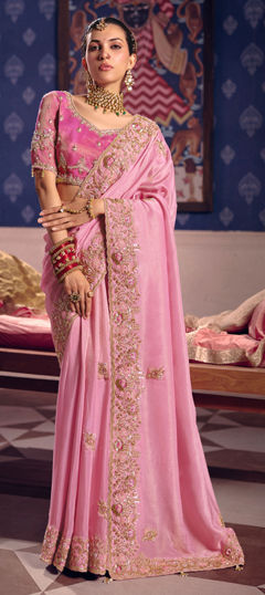 Pink and Majenta color Saree in Tissue fabric with Border, Cut Dana, Embroidered, Resham, Zari work