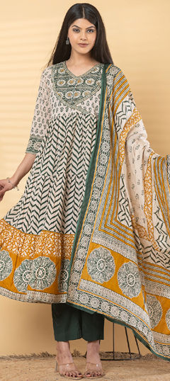 Beige and Brown, Green color Salwar Kameez in Cotton fabric with Bugle Beads, Printed, Sequence work