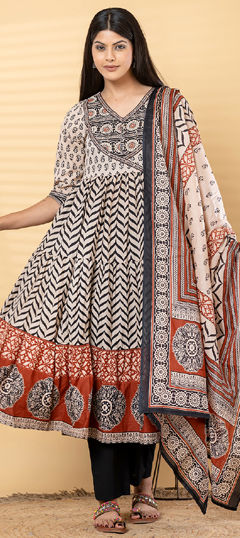 Beige and Brown, Black and Grey color Salwar Kameez in Cotton fabric with Bugle Beads, Printed, Sequence work