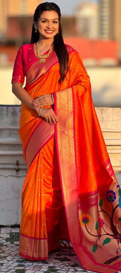Orange color Saree in Silk fabric with Weaving work