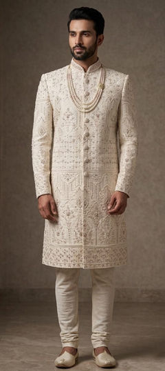 White and Off White color Sherwani in Art Silk fabric with Embroidered work