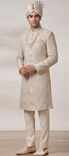 White and Off White color Sherwani in Art Silk fabric with Embroidered work