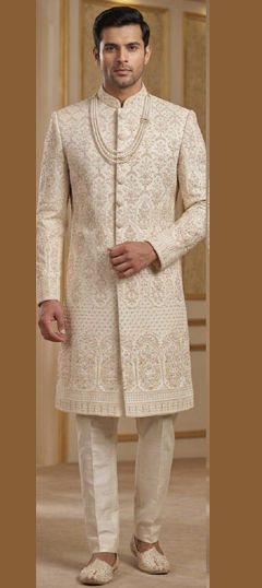 White and Off White color Sherwani in Art Silk fabric with Embroidered work