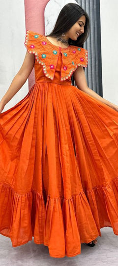 Orange color Gown in Roman Silk fabric with Embroidered work