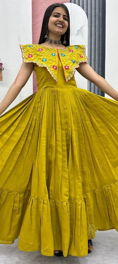 Yellow color Gown in Roman Silk fabric with Embroidered work