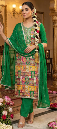 Multicolor color Salwar Kameez in Banarasi Silk fabric with Bugle Beads, Cut Dana, Weaving work