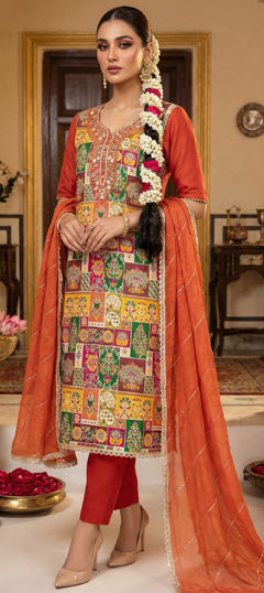 Multicolor color Salwar Kameez in Banarasi Silk fabric with Bugle Beads, Cut Dana, Weaving work