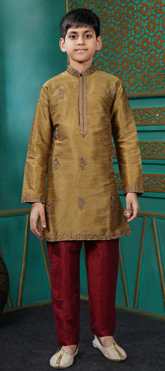 Beige and Brown color Boys Kurta Pyjama in Art Silk fabric with Embroidered work