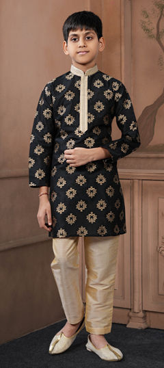 Black and Grey color Boys Kurta Pyjama in Jacquard fabric with Embroidered work