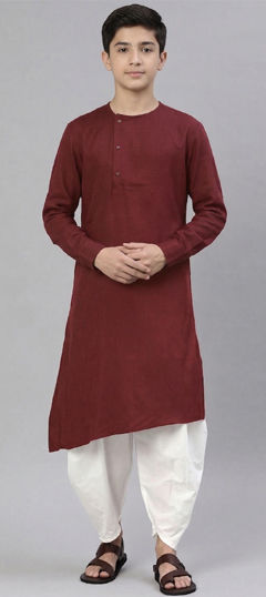 Red and Maroon color Boys Dhoti Kurta in Blended Cotton fabric with Thread work