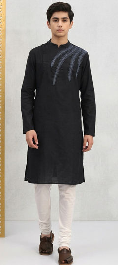Black and Grey color Boys Kurta Pyjama in Blended Cotton fabric with Thread work