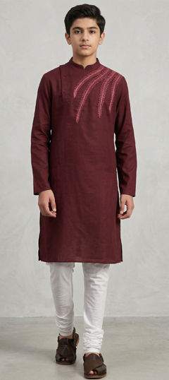 Red and Maroon color Boys Kurta Pyjama in Blended Cotton fabric with Thread work