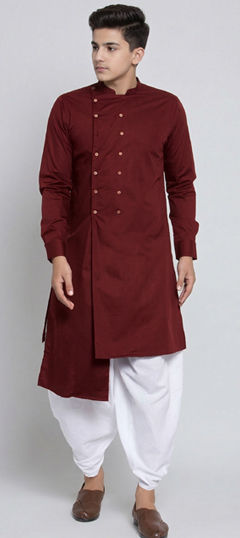 Red and Maroon color Boys Dhoti Kurta in Blended Cotton fabric with Thread work