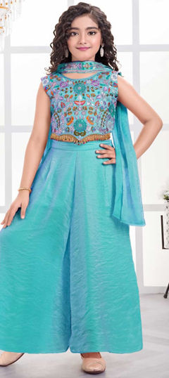 Blue color Kids Salwar in Tissue fabric with Embroidered work