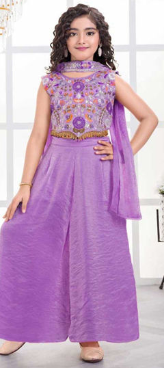 Purple and Violet color Kids Salwar in Tissue fabric with Embroidered work