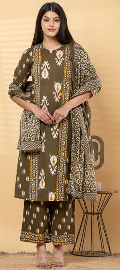 Green color Salwar Kameez in Cotton fabric with Embroidered, Mirror, Printed work