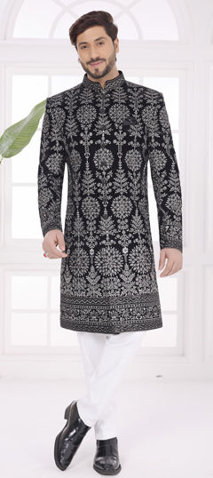 Black and Grey color Sherwani in Velvet fabric with Embroidered, Thread work