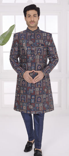 Blue color Sherwani in Art Silk fabric with Embroidered, Thread work