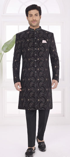 Black and Grey color Sherwani in Velvet fabric with Embroidered, Thread work