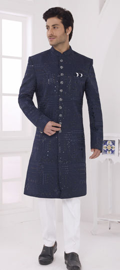 Blue color Sherwani in Art Silk fabric with Embroidered, Thread work