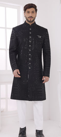 Black and Grey color Sherwani in Art Silk fabric with Embroidered, Thread work