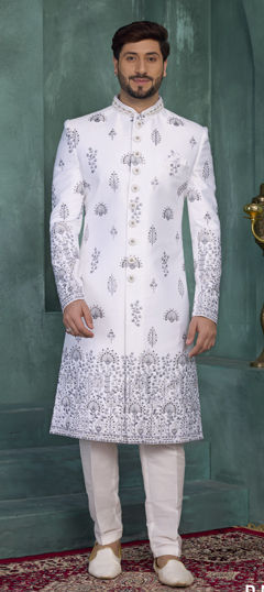 White and Off White color Sherwani in Art Silk fabric with Embroidered, Sequence, Thread work