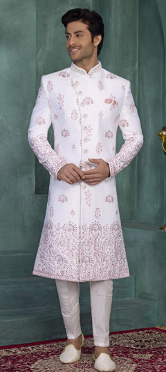White and Off White color Sherwani in Art Silk fabric with Embroidered, Sequence, Thread work