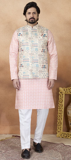 Beige and Brown color Kurta Pyjama with Jacket in Jacquard fabric with Printed, Weaving work