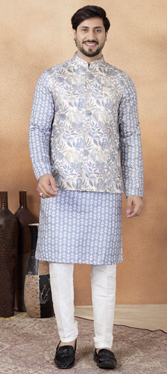 Black and Grey color Kurta Pyjama with Jacket in Jacquard fabric with Printed, Weaving work