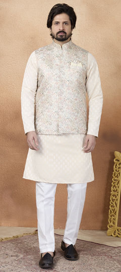 Beige and Brown color Kurta Pyjama with Jacket in Jacquard fabric with Printed, Weaving work