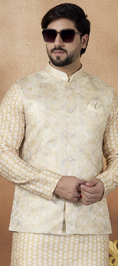 Gold color Nehru Jacket in Jacquard fabric with Weaving work