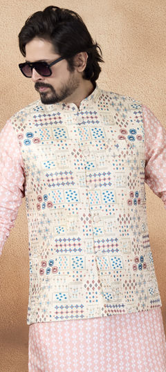 Beige and Brown color Nehru Jacket in Jacquard fabric with Weaving work
