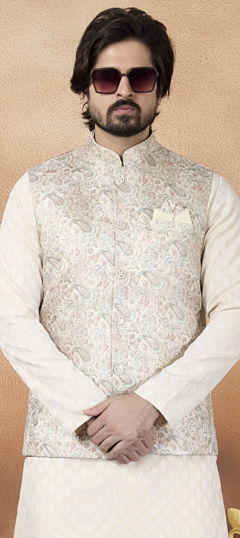 Beige and Brown color Nehru Jacket in Jacquard fabric with Weaving work